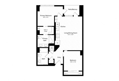 Floor plan for 2 beds, 2 baths, 968 sqft